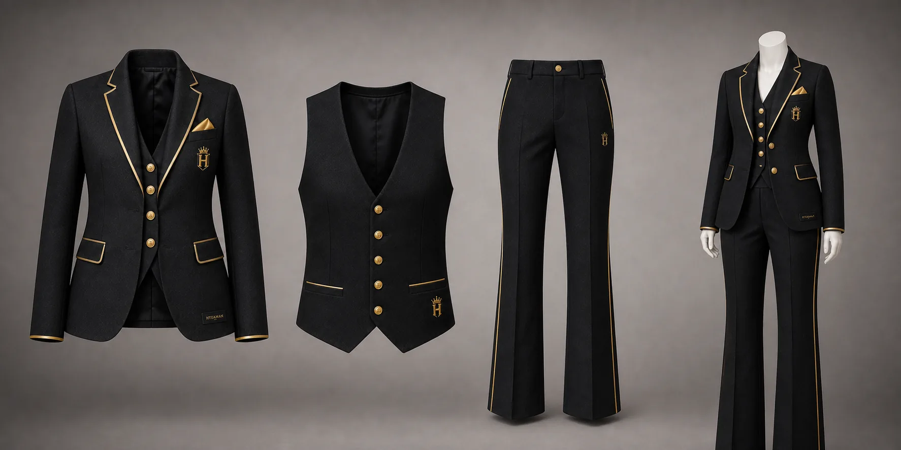 Ladies noir gold suit pieces and mannequin set