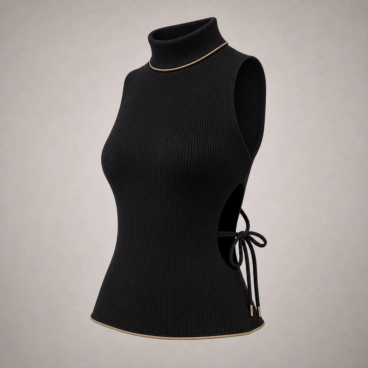 Ladies black rib side-tie top side view
