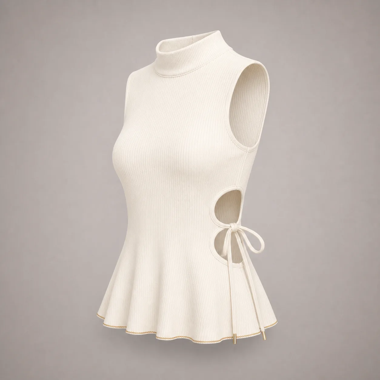 Ladies ivory rib peplum top side view