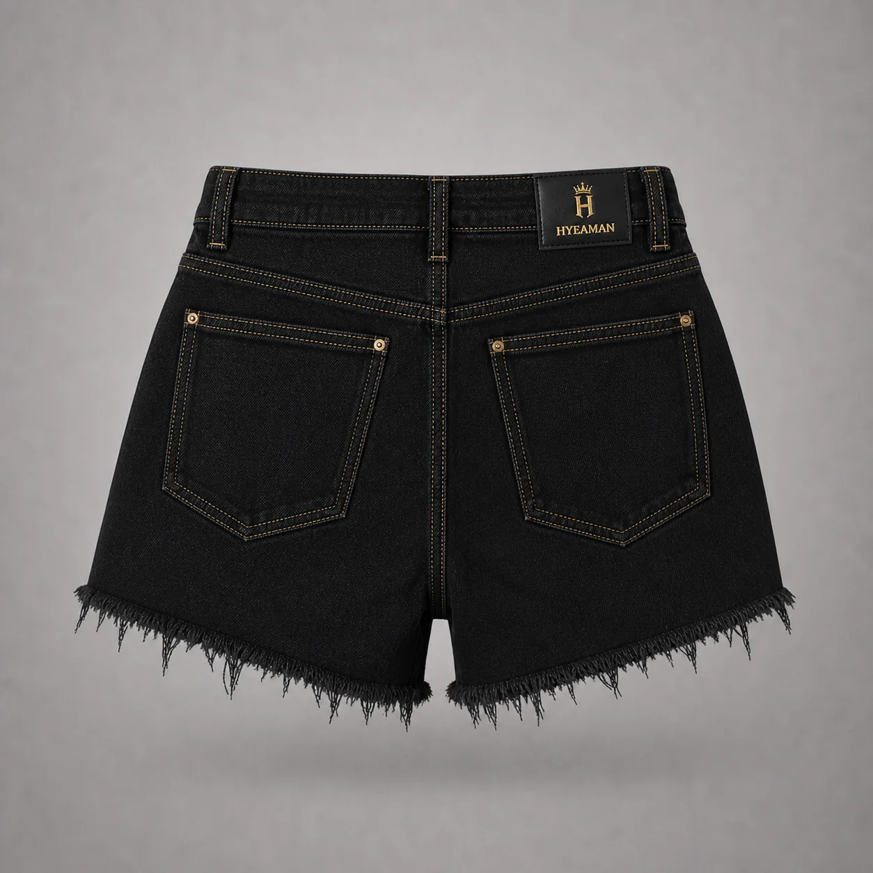 Ladies black frayed denim shorts back view