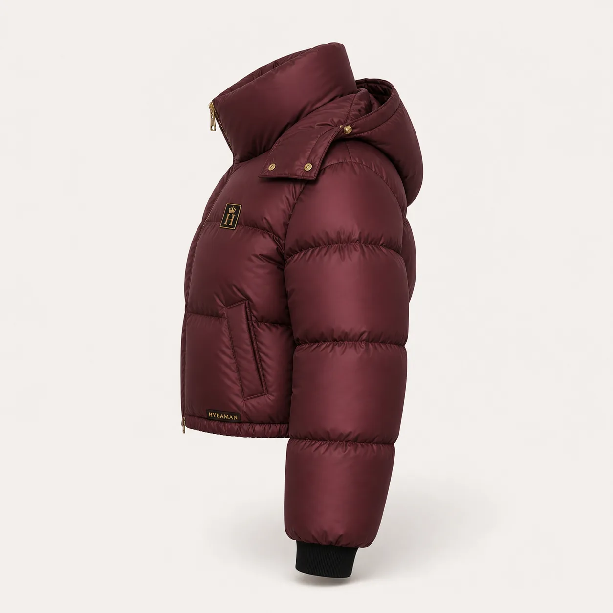 Ladies Burgundy Cropped Puffer side view